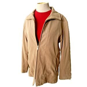 London Fog All Weather Suede Brown Embroidered Jacket Drawstring Zipper Med